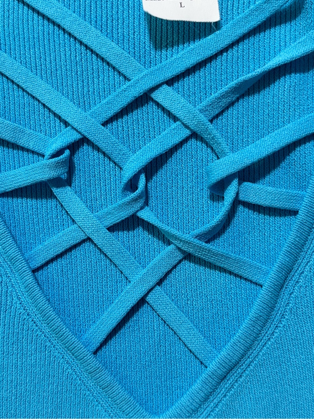 Versailles New York blue knit latticed crisscross blouse size Large